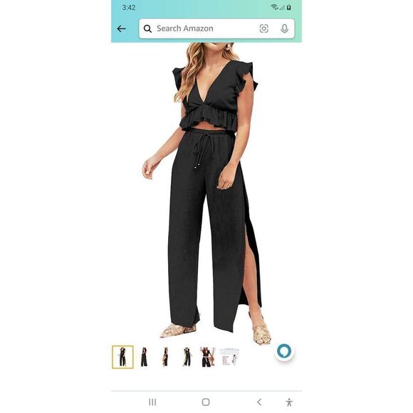 New XL 16 Fancyinn Black 2pc Outfit Deep V-Neck Crop Drawstring Side Slit Pants - Picture 1 of 8